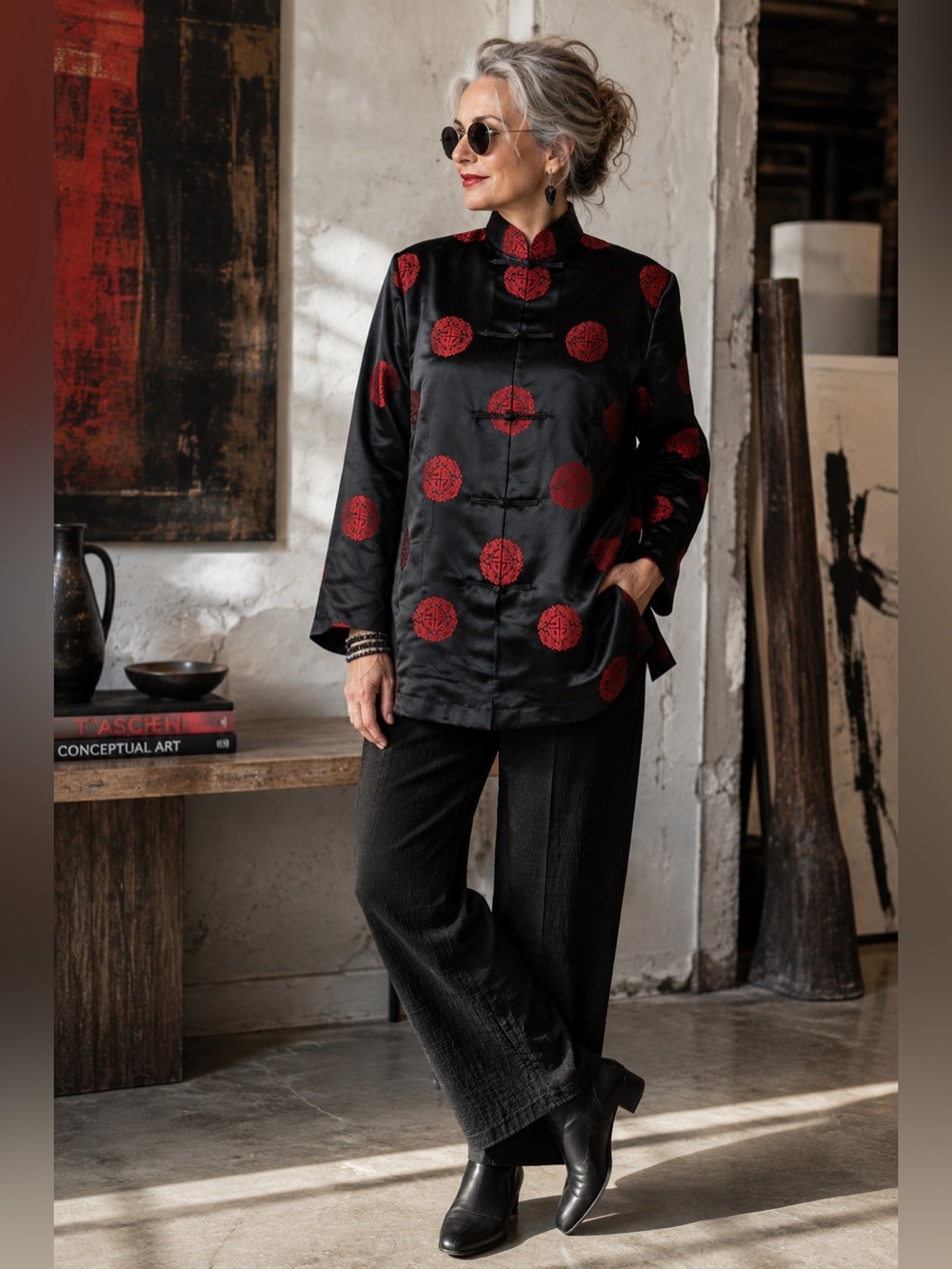 Vintage Boho Black and Red Handmade Satin Chinese Cheongsam Tang Jacket